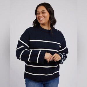 Navy Striped Women's Sweater, wide sleeves, size 2XL